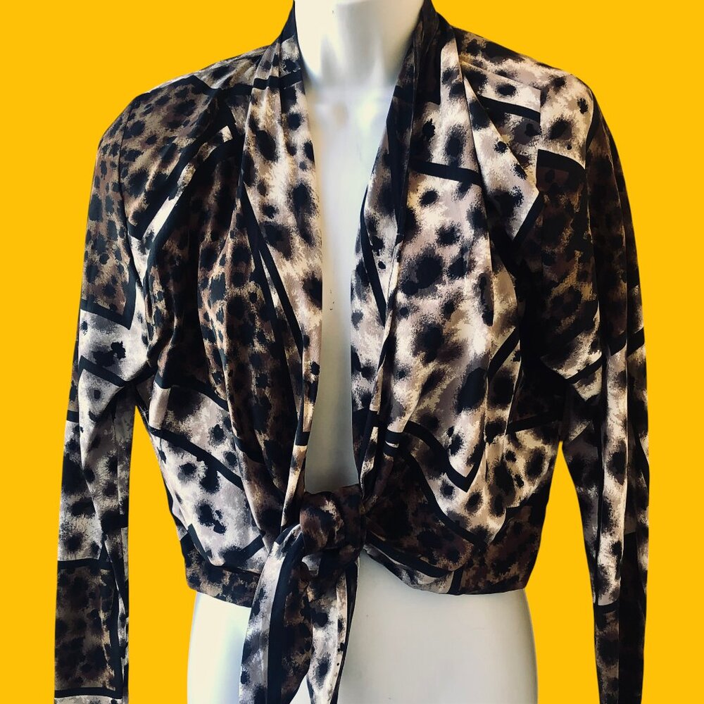 PURE SILK Vintage 80's Open Front Tie Waist Top Topper Jacket Animal Print